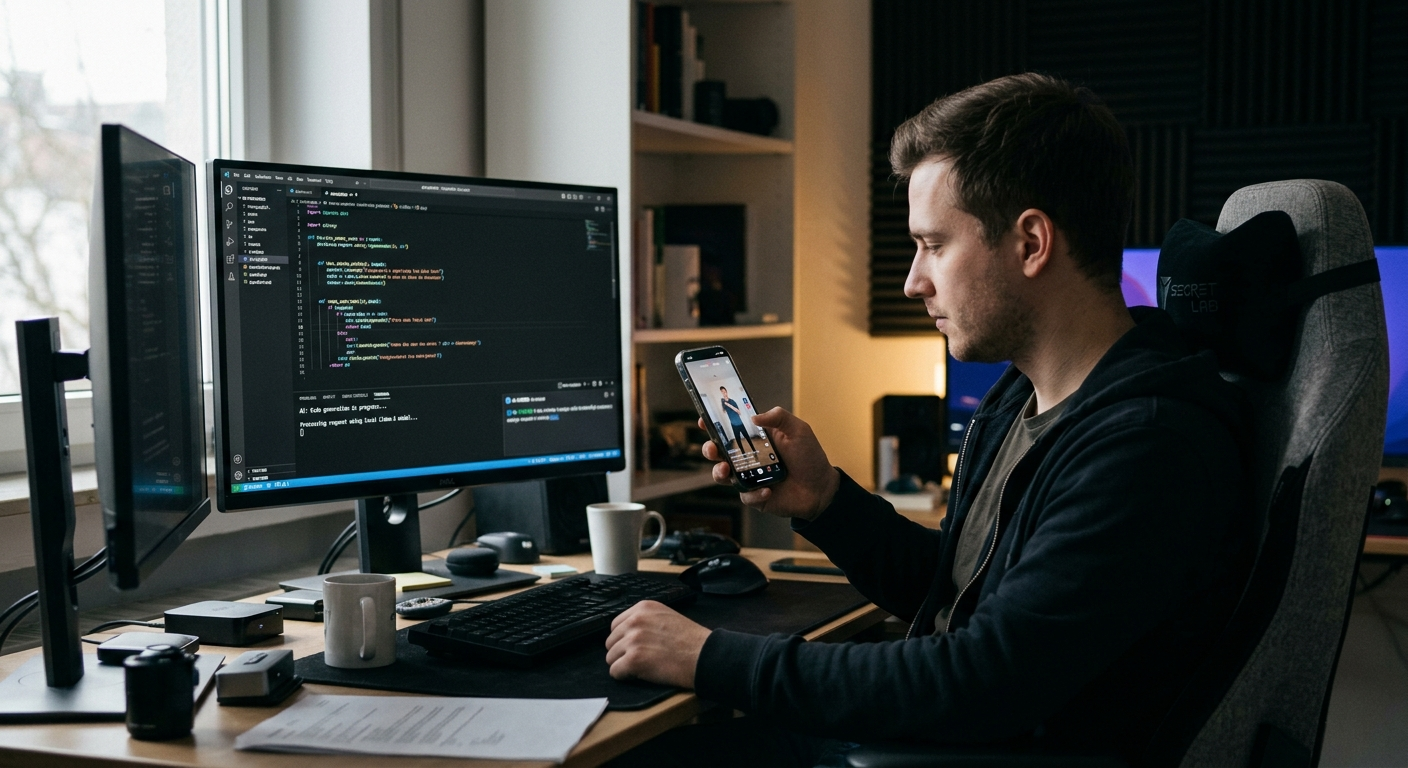 Ein Mann schaut TikTok, während der PC arbeitet.
